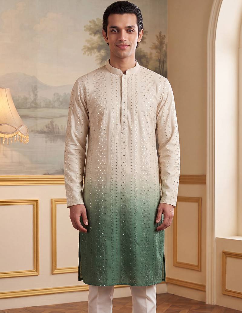Mens green silk blend solid embroidered kurta