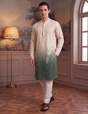 Mens green silk blend solid embroidered kurta 3