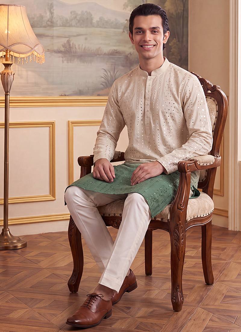 Mens green silk blend solid embroidered kurta