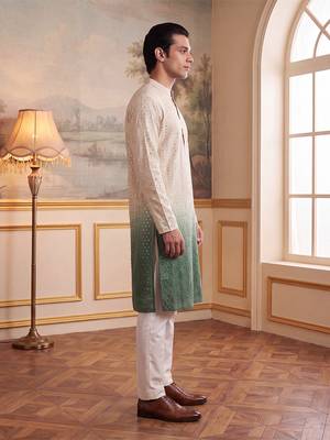 Mens green silk blend solid embroidered kurta 5