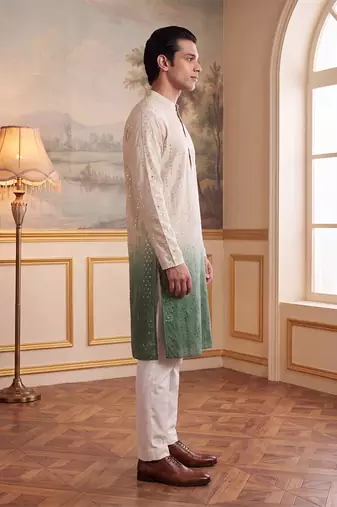 Mens green silk blend solid embroidered kurta