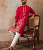 Mens pink viscose rayon solid emboidered straight kurta