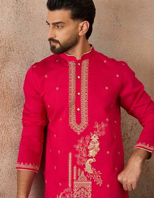 Mens pink viscose rayon solid emboidered straight kurta 1
