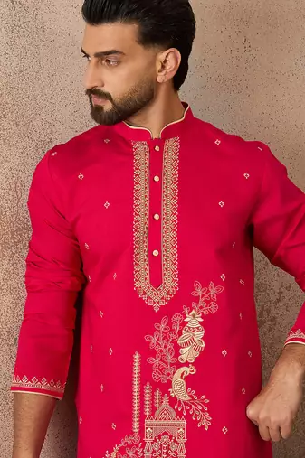 Mens pink viscose rayon solid emboidered straight kurta