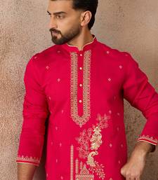 Mens pink viscose rayon solid emboidered straight kurta