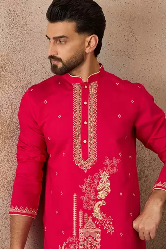 Mens pink viscose rayon solid emboidered straight kurta