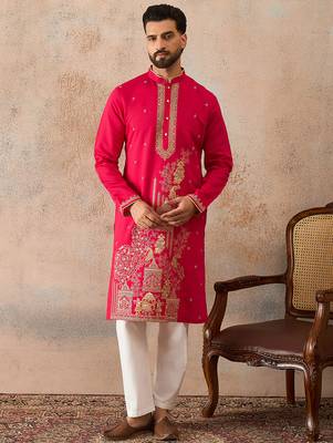 Mens pink viscose rayon solid emboidered straight kurta 2