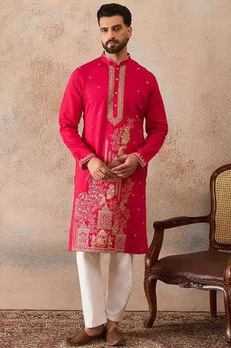 Mens pink viscose rayon solid emboidered straight kurta