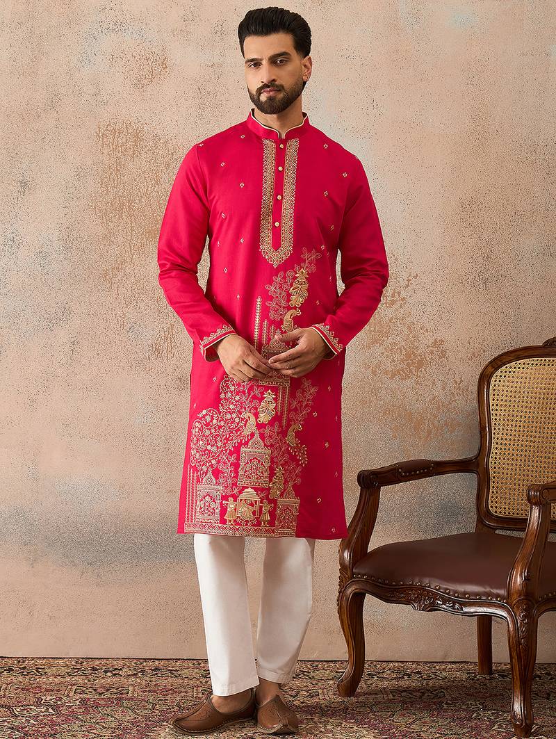 Mens pink viscose rayon solid emboidered straight kurta