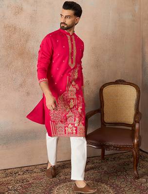 Mens pink viscose rayon solid emboidered straight kurta 3