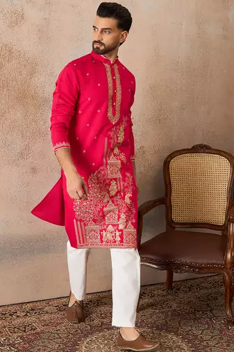 Mens pink viscose rayon solid emboidered straight kurta