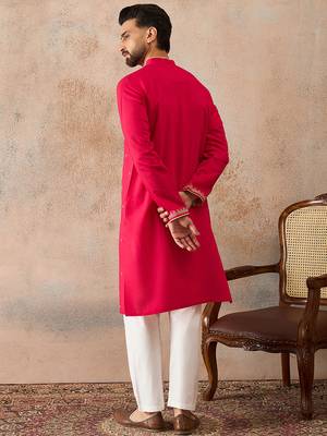 Mens pink viscose rayon solid emboidered straight kurta 4