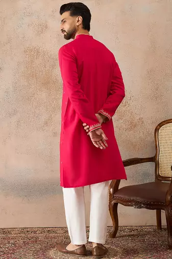 Mens pink viscose rayon solid emboidered straight kurta