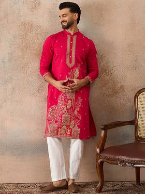 Mens pink viscose rayon solid emboidered straight kurta 5
