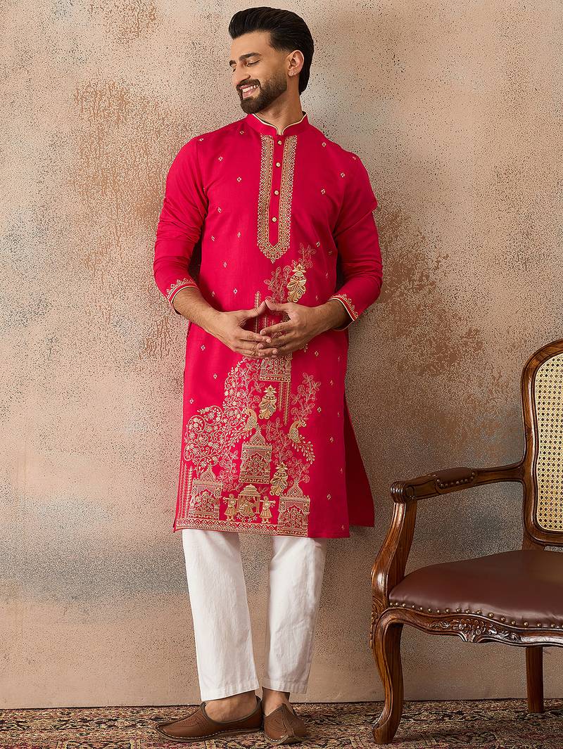 Mens pink viscose rayon solid emboidered straight kurta