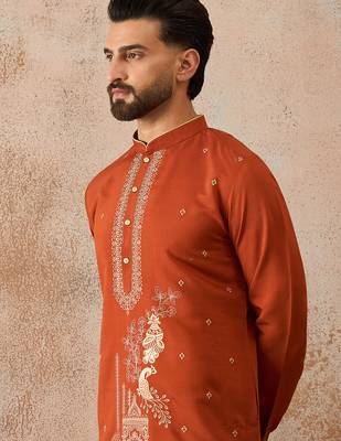 Mens brown viscose rayon solid emboidered straight kurta 1