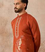 Mens brown viscose rayon solid emboidered straight kurta