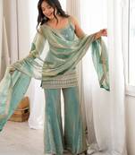 Embroidered Fendy Silk Straight Kurta Pant and Dupatta Set