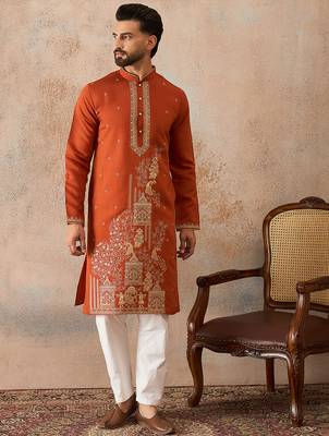 Mens brown viscose rayon solid emboidered straight kurta 2