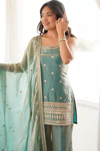 Embroidered Fendy Silk Straight Kurta Pant and Dupatta Set