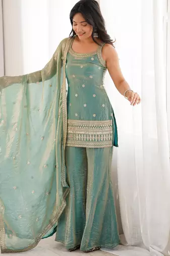 Embroidered Fendy Silk Straight Kurta Pant and Dupatta Set