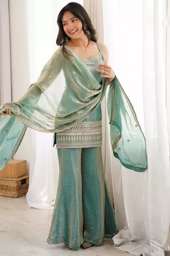 Embroidered Fendy Silk Straight Kurta Pant and Dupatta Set
