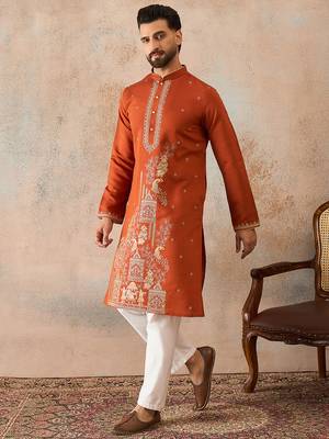 Mens brown viscose rayon solid emboidered straight kurta 3