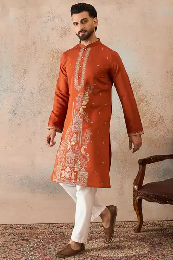 Mens brown viscose rayon solid emboidered straight kurta