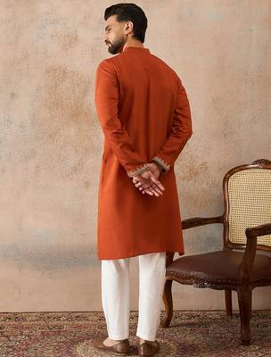 Mens brown viscose rayon solid emboidered straight kurta 4
