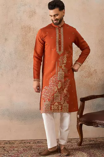 Mens brown viscose rayon solid emboidered straight kurta