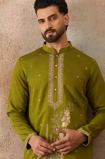 Mens green viscose rayon solid emboidered straight kurta