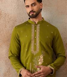 Mens green viscose rayon solid emboidered straight kurta