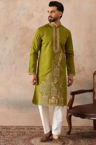 Mens green viscose rayon solid emboidered straight kurta
