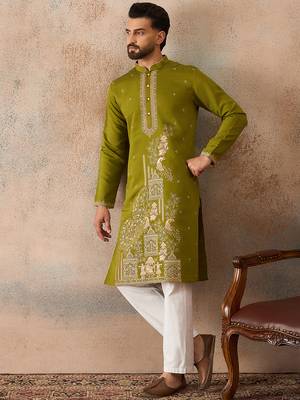 Mens green viscose rayon solid emboidered straight kurta 5