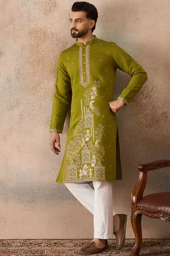 Mens green viscose rayon solid emboidered straight kurta