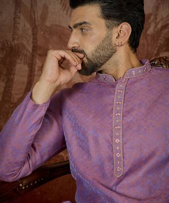 Mens purple jacquard geometric embroidered kurta 1