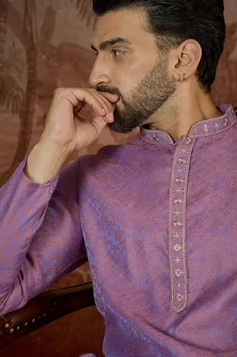 Mens purple jacquard geometric embroidered kurta