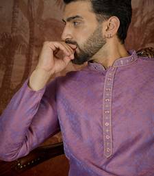 Mens purple jacquard geometric embroidered kurta