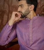 Mens purple jacquard geometric embroidered kurta