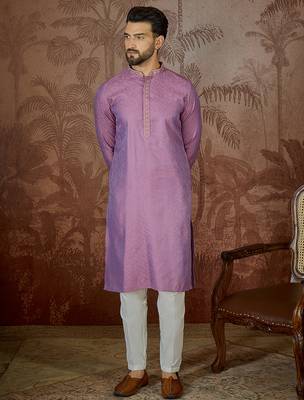 Mens purple jacquard geometric embroidered kurta 2