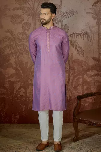 Mens purple jacquard geometric embroidered kurta