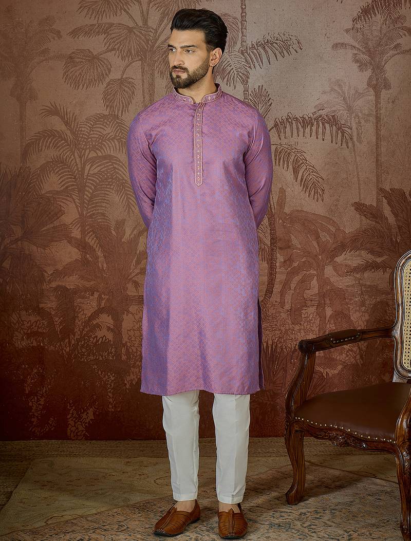 Mens purple jacquard geometric embroidered kurta