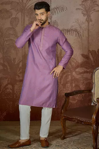 Mens purple jacquard geometric embroidered kurta