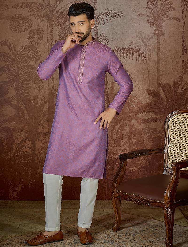 Mens purple jacquard geometric embroidered kurta