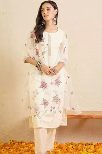 Women Floral Embroidered Regular Thread Work Kurta with Trousers & With Dupatta