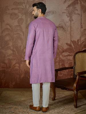 Mens purple jacquard geometric embroidered kurta 4