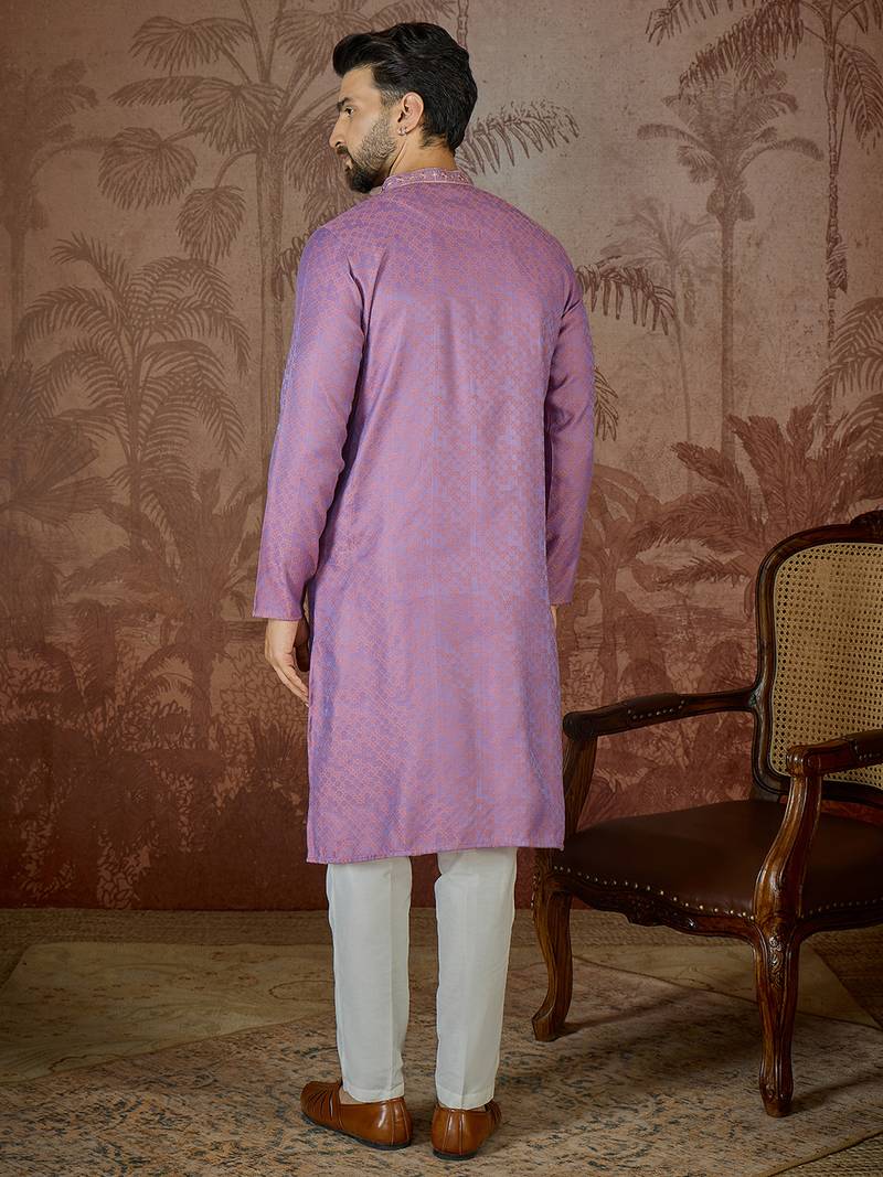Mens purple jacquard geometric embroidered kurta