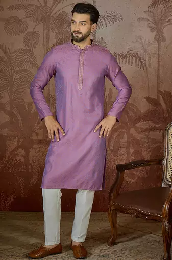 Mens purple jacquard geometric embroidered kurta