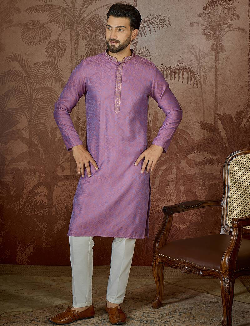 Mens purple jacquard geometric embroidered kurta