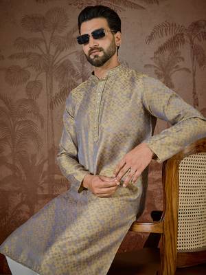 Mens grey jacquard geometric embroidered kurta 1